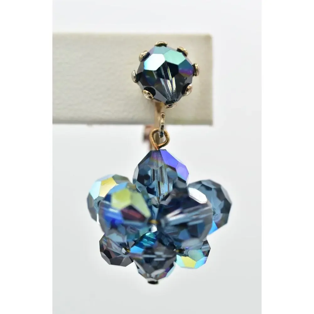 Laguna Vintage Clip On Crystal Earrings Dangle Navy Blue Drop Signed 1950s A24